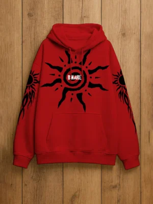 BWARE red tribal sun cross hoodie front view
