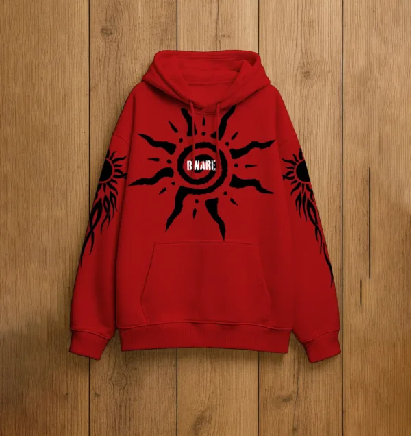 BWARE red tribal sun cross hoodie front view